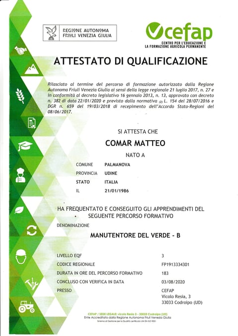 Italian qualification certificate for Comar Matteo in green agricultural maintenance training from CEFAP organization