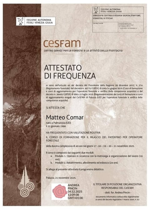 Italian certificate of attendance from CESFAM for Matteo Comar dated November 2025