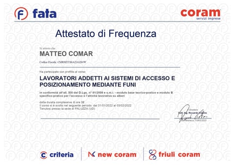 Attestato di Frequenza certificate for Matteo Comar on access and positioning systems training from FATA and Coram