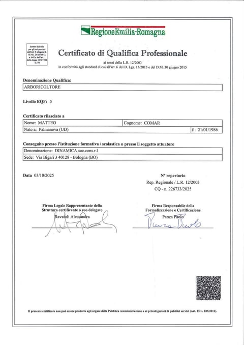 Italian professional qualification certificate for arboriculture issued by Regione Emilia-Romagna dated 03/10/2025