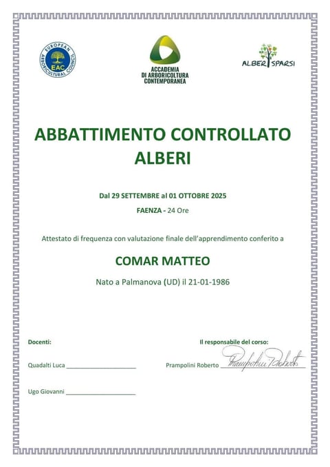 Certificate for Controlled Tree Pruning in Alberi, Italy, issued September-October 2025 to Comar Matteo